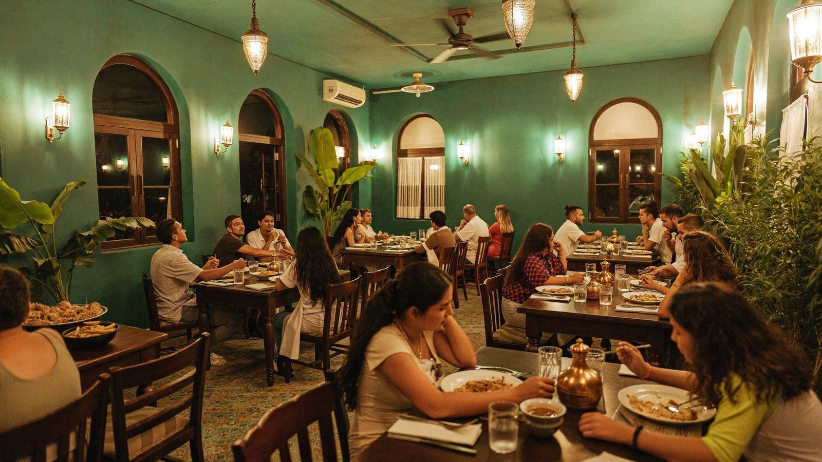 The Thakkara dining room in Salmiya, full of guests at green-panelled tables