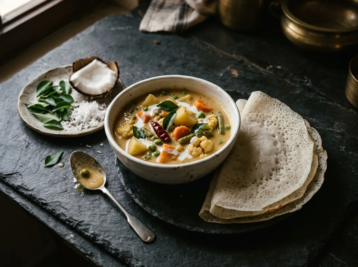 Appam served with a coconut milk vegetable stew