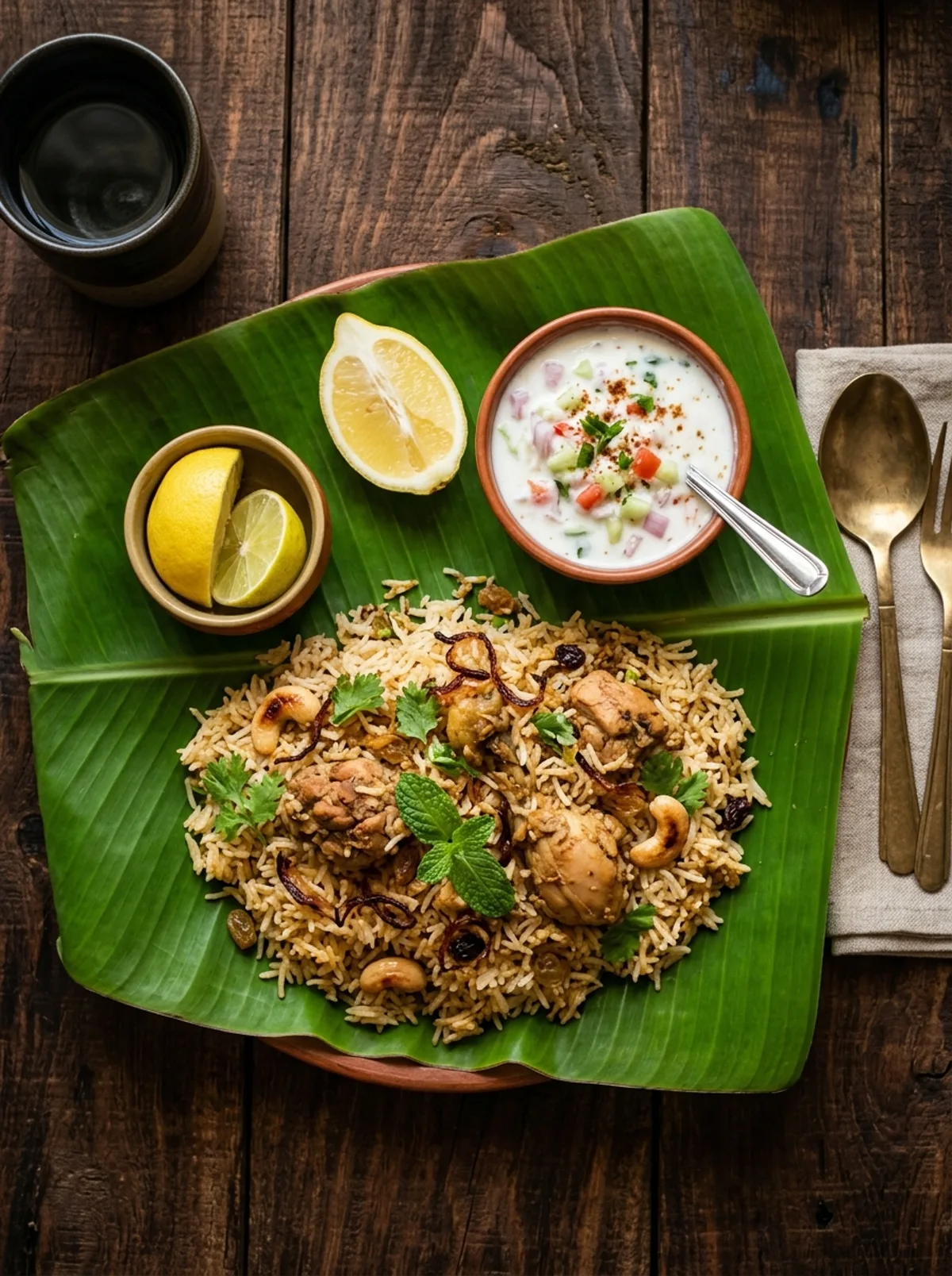 Biryani served on a banana leaf with lime and raita