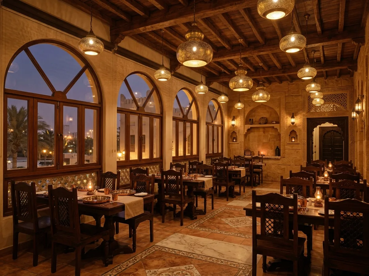 Arched windows and wooden chairs in the Thakkara dining hall