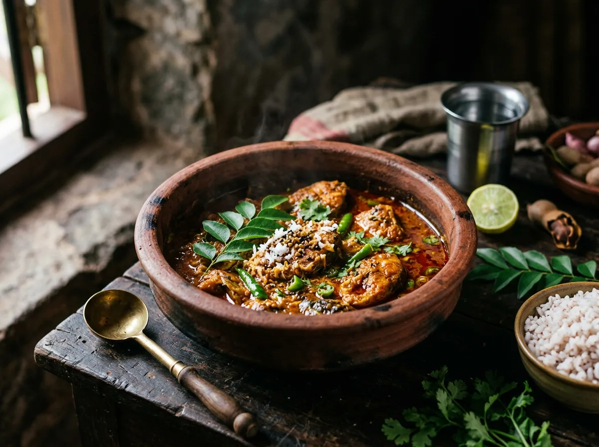 Kerala chicken curry in a clay pot on a dark table