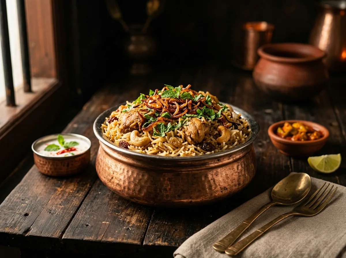 Malabar biryani in a copper pot beside brass vessels