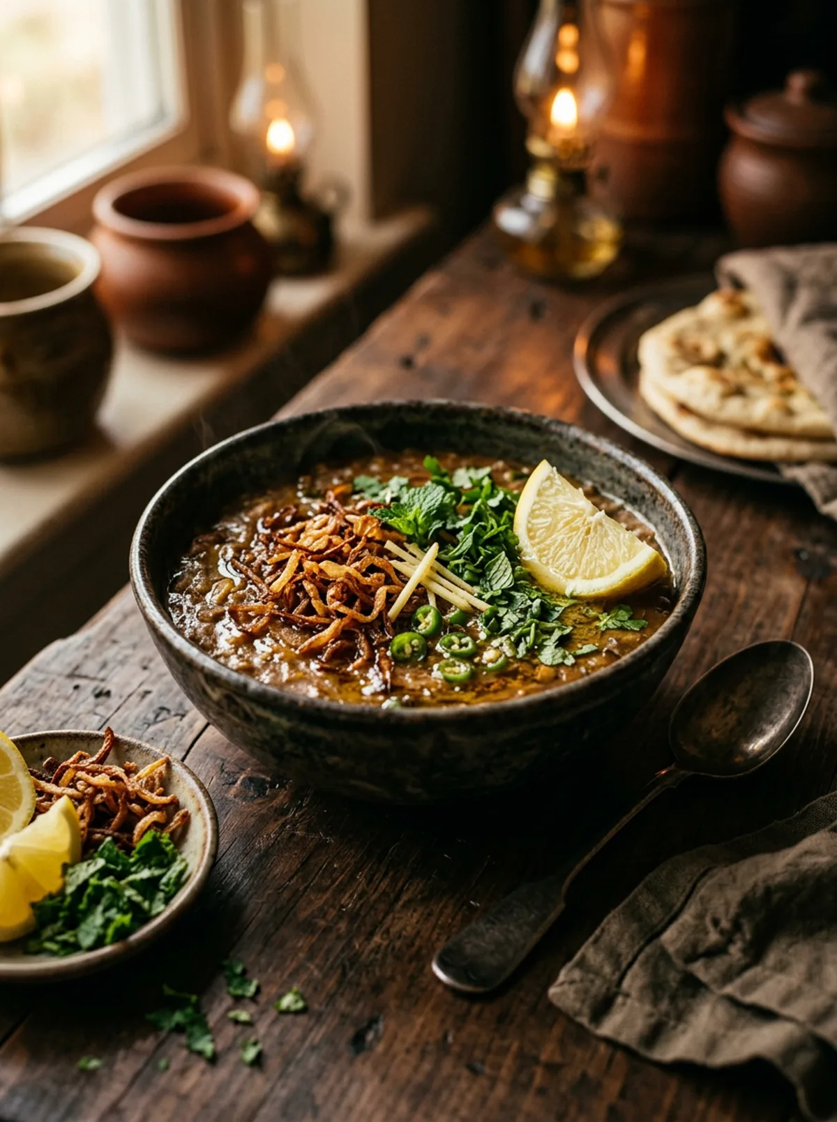 Ramadan iftar bowl with pathiri bread and dates on a wooden table