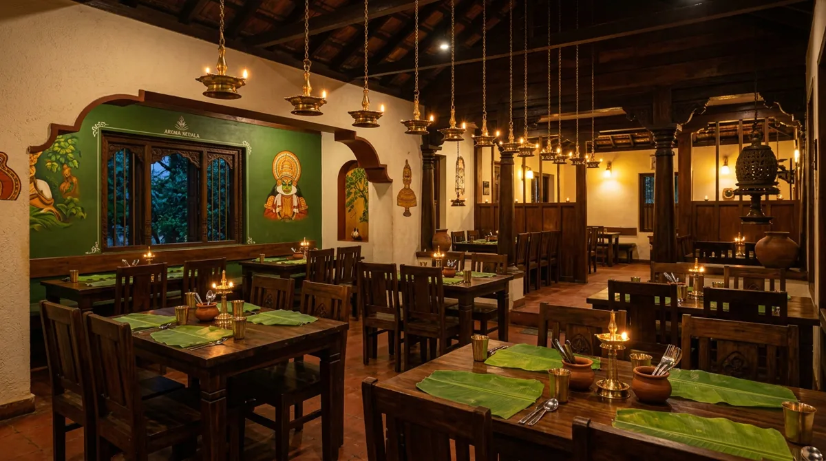 Warm interior of a Thakkara dining room with wooden tables and brass lamps