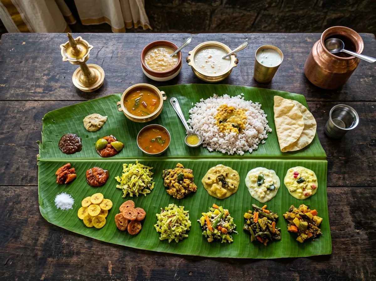 Onam sadhya laid out across a banana leaf with brass lamps
